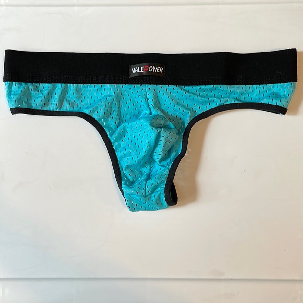 Male Power mesh brief/thong, size S, light blue with black waistband